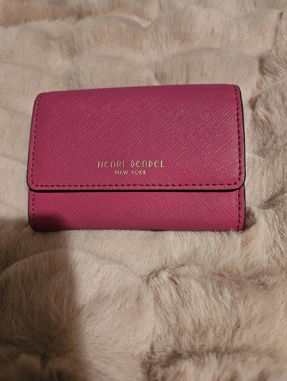 Henri Bendel Hot Pink Saffiano Leather Trifold Wallet with Gold Logo